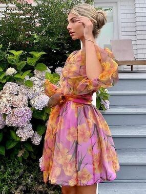 Cynthia Rowley Daffodil Wrap Dress Pink Floral Organza Puff Sleeve Party Size M
